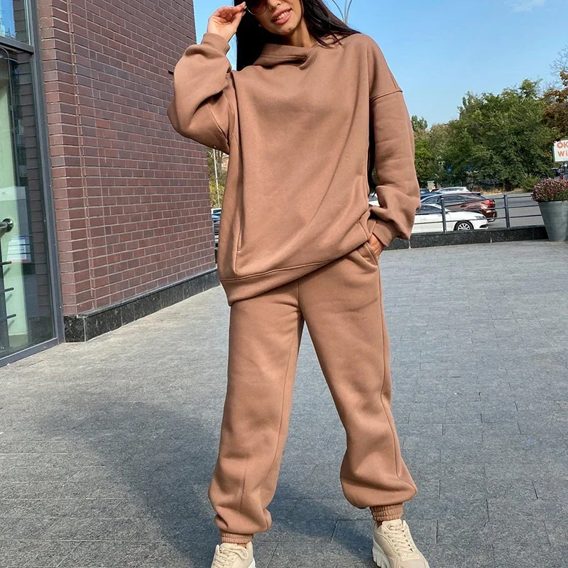 Casual Sportswear Suit Women Solid Color Warm Hoodies Loose Pants Sets Fall Winter Sports Pullovers Trousers 2 Piece Set 2023