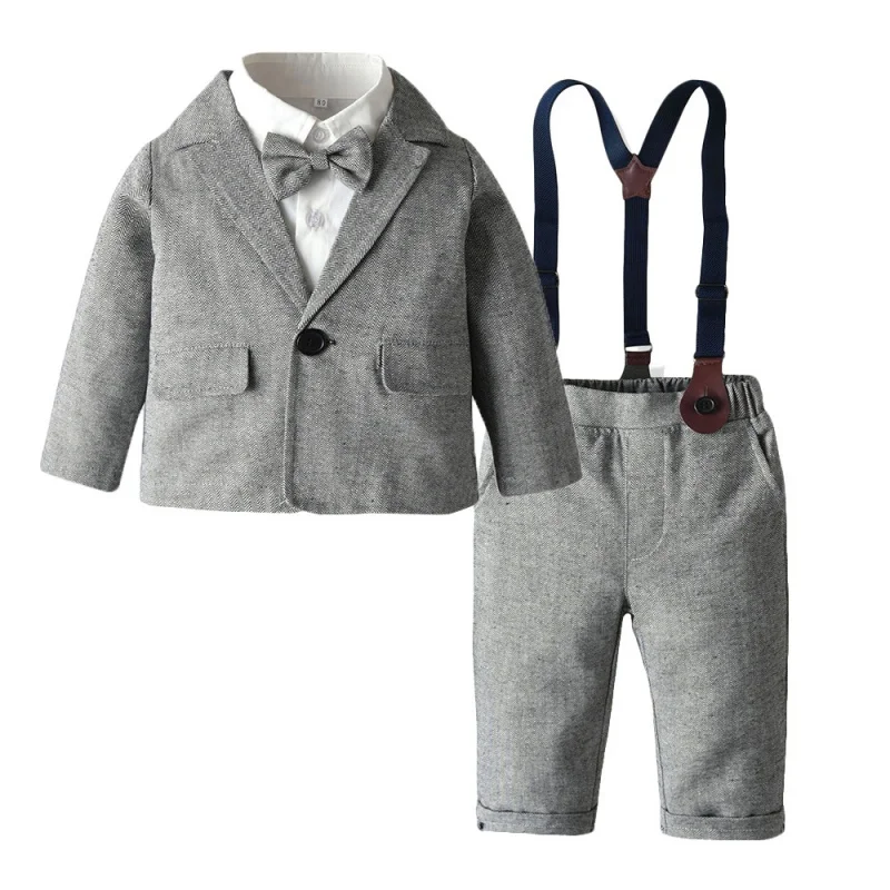 

British Style Children's Clothing Autumn and Winter Children's Gray Suit Jacket White Shirt Suspender Pants Three-Piece Set Boy'