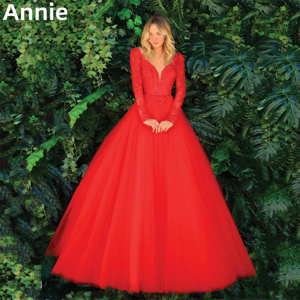 

Red Wedding Dress Prom Dresses V-neck Chiffon 2024 Evening Dress Vestidos De Noche Lace Embroidered Long Sleeves Party Dresses