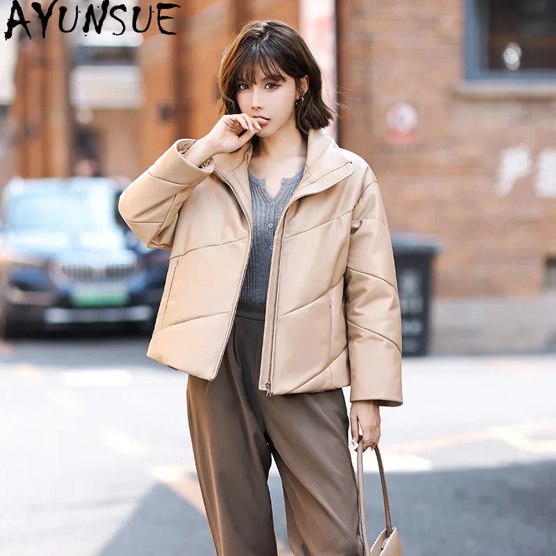 

AYUNSUE Real Sheepskin Leather Down Jacket for Women 2023 Winter Short Down Coats Standing Collar Fashion Outerwears Chaquetas