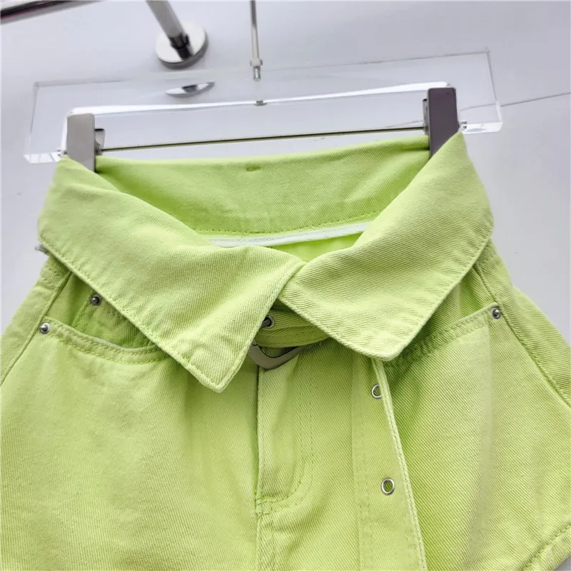 Women Shorts Green Fashion Flanging High Waist Wide-Leg A- Line Shorts 2024 Summer New Hot Girl Style Pocket Denim Hot Pants