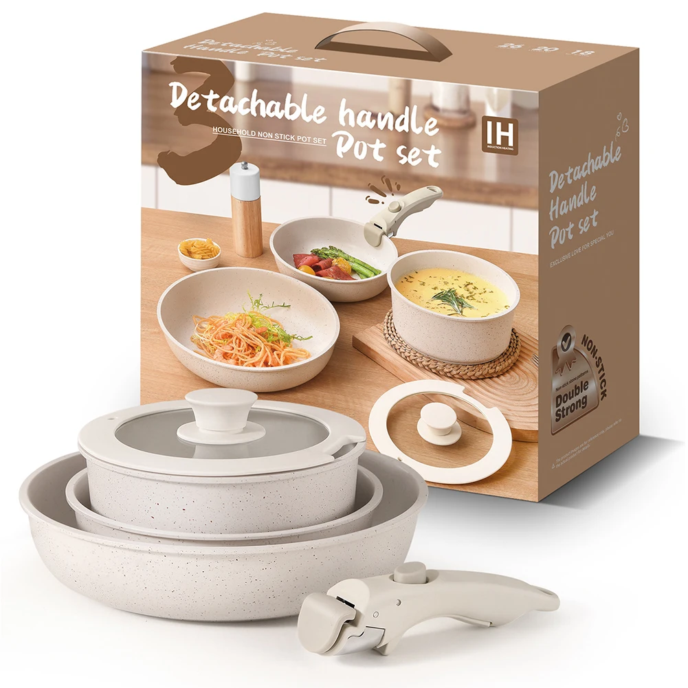 Nonstick Cookware Sets with Detachable Handle Non Stick Pots and Pans Set Stackable Cookware Set for Home Kitchen