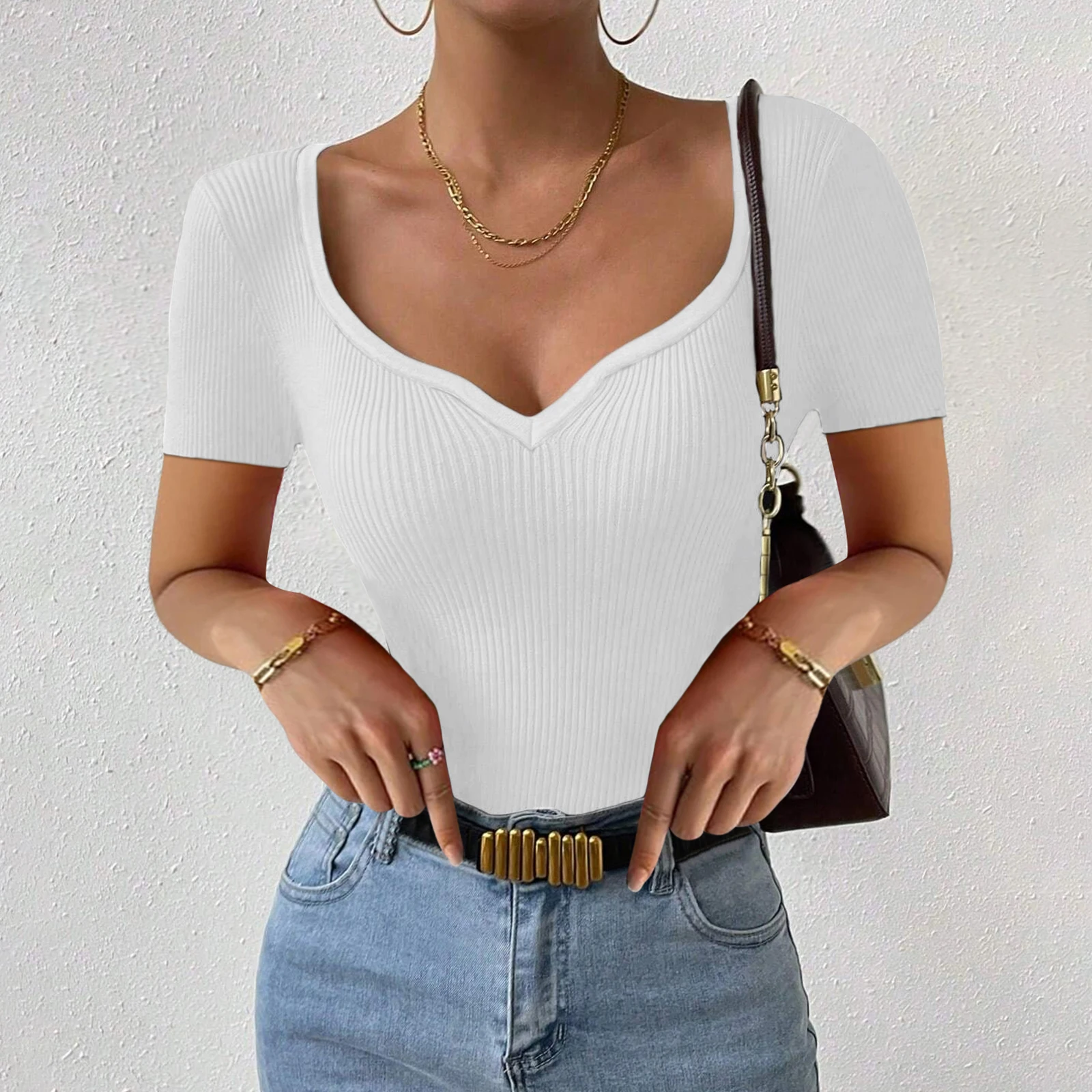 

Women V-neck Knitted Short Sleeve Draw String T-shirts Crop Tops Girls Knitting Stretchy Cropped Sheath Tee Shirts For Female