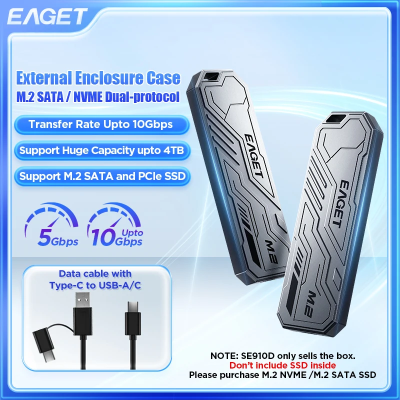 EAGET M.2 PCIE SSD 케이스, NVME 듀얼 프로토콜, M.2-USB C타입 3.1 SSD 어댑터, NVME PCIE NGFF SATA SSD 디스크 박스, M.2 SSD 케이스