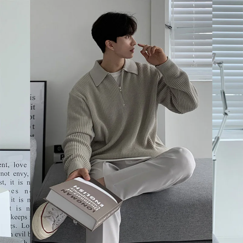 Autumn Winter Fashion Solid Harajuku Sweater Men All Match Tops Casual Loose Knitwear Long Sleeve Pullover Zipper Male Clothes