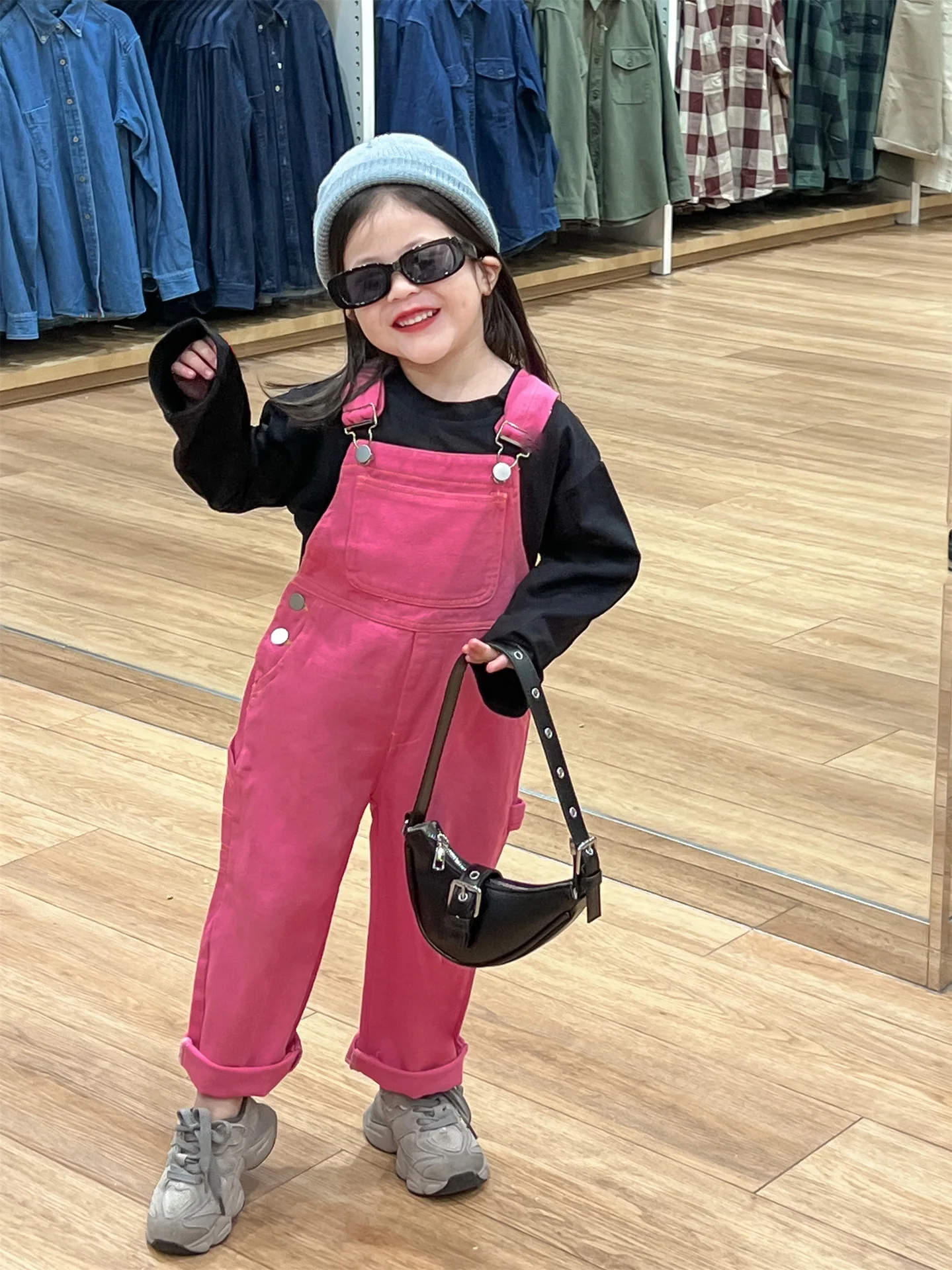 

Korean Kids Girls Jumpsuits Rose Red Loose Waistband Overalls