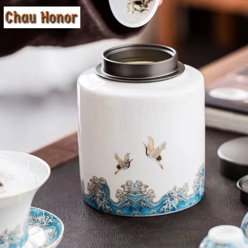 Mutton Fat Jade White Porcelain Auspicious Crane Guanhai Ceramics Tea Canister Candy Spices Storage Container Tea Ceremony Gift
