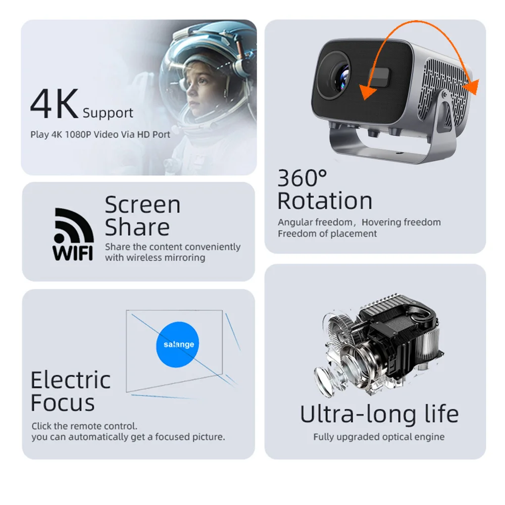 HY-310 Projector Android11 390ANSI BT 360&deg; Rotation 2.4G&5G Wifi 4K HDR Home Cinema Theater Outdoor Smart Portable Projector