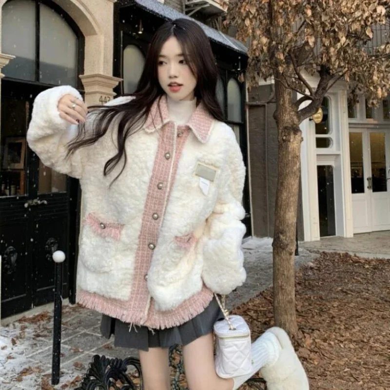 Women Fashion Pink Woolen Stitching Lamb Wool Coat Winter Female Elegant Casual Thicken Loose Environmental Fur Outwear 2024