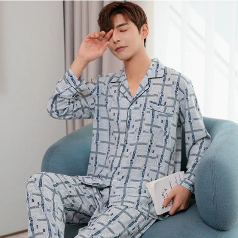 Spring Cotton Silk Pajamas Men Loose Pyjamas Large Size Cartoon Nightdress Casual Thin Sleepwear Simple Long Sleeved Home Wear