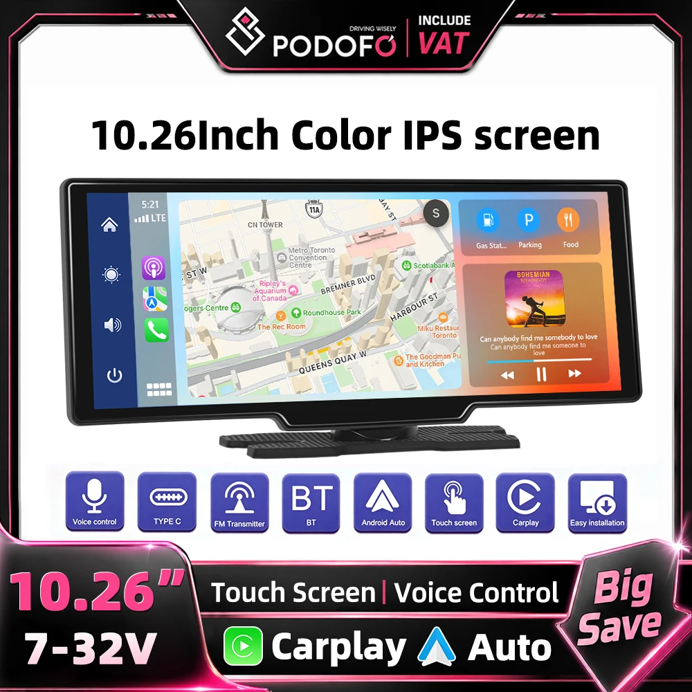 Podofo - Monitor DVR Universal Inalámbrico para Automóvil con Carplay y Android Auto, Control por Voz FM, Cámara de Reversa y Grabadora de Conducción con Tarjeta, Dispositivo Multimedia Práctico 1
