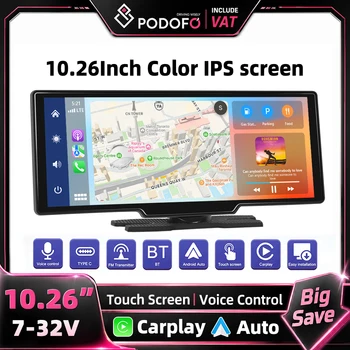 Podofo - Monitor DVR Universal Inalámbrico para Automóvil con Carplay y Android Auto, Control por Voz FM, Cámara de Reversa y Grabadora de Conducción con Tarjeta, Dispositivo Multimedia Práctico 1