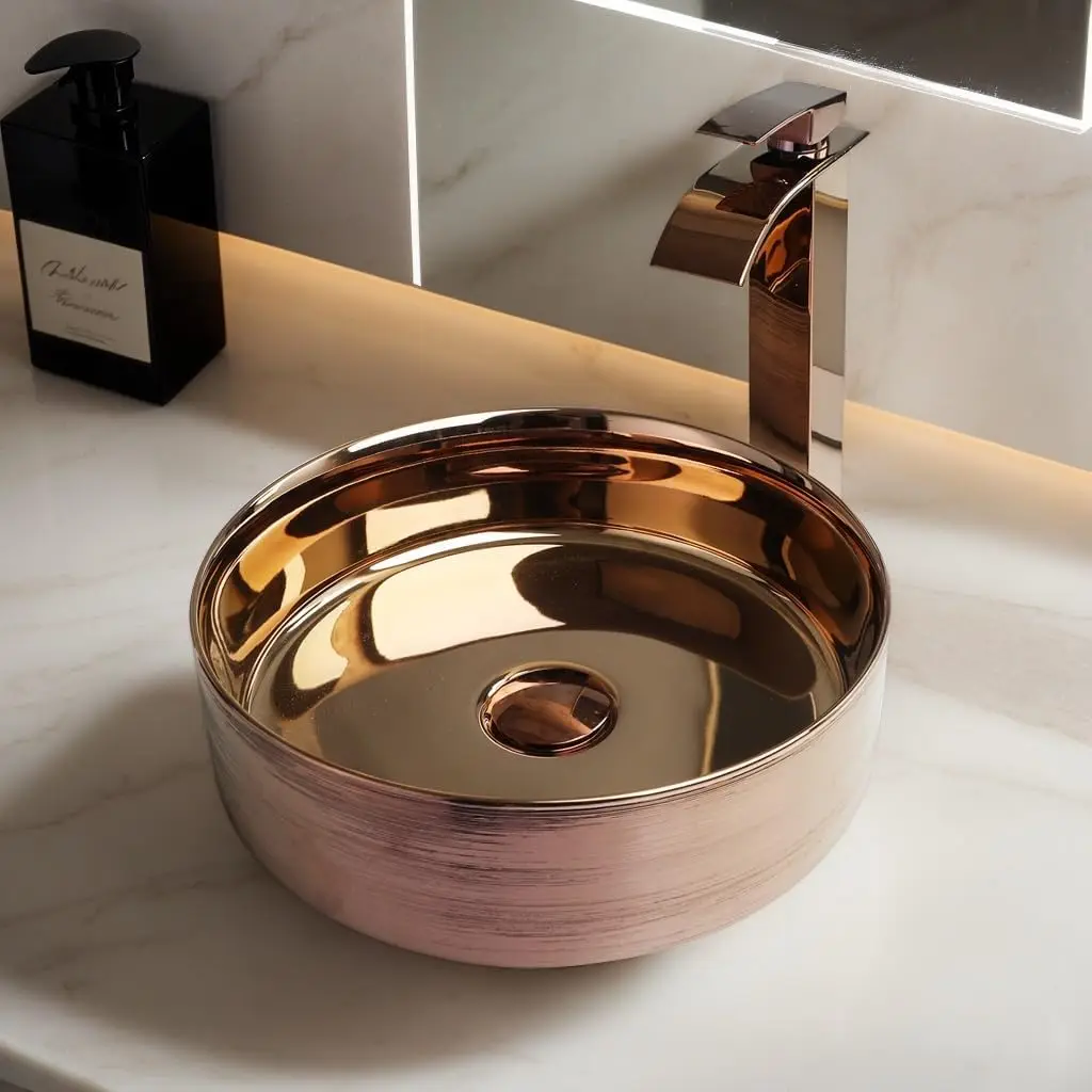 ZAPPO Bathroom Vessel Sink Faucet and Drain Combo14 Inch Bowl Sink Rose Gold Vessel Sink Round Ceramic Sink for Bathroom Counter 2