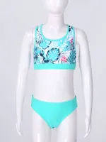Kids Girls 4PCS Printed Swimsuit Long Sleeve Outerwear with Sleeveless Crop Top Briefs Shorts Bathing Suit Rash Guard Swimwear 6