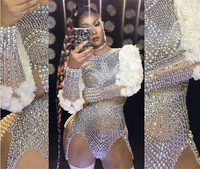 Sexy Luxury Sparkle Diamond Pearls Flower Bodysuits 2025 Women Birthday Party Leotard Dancer Nightclub Performance Stage Outfit - Image 6
