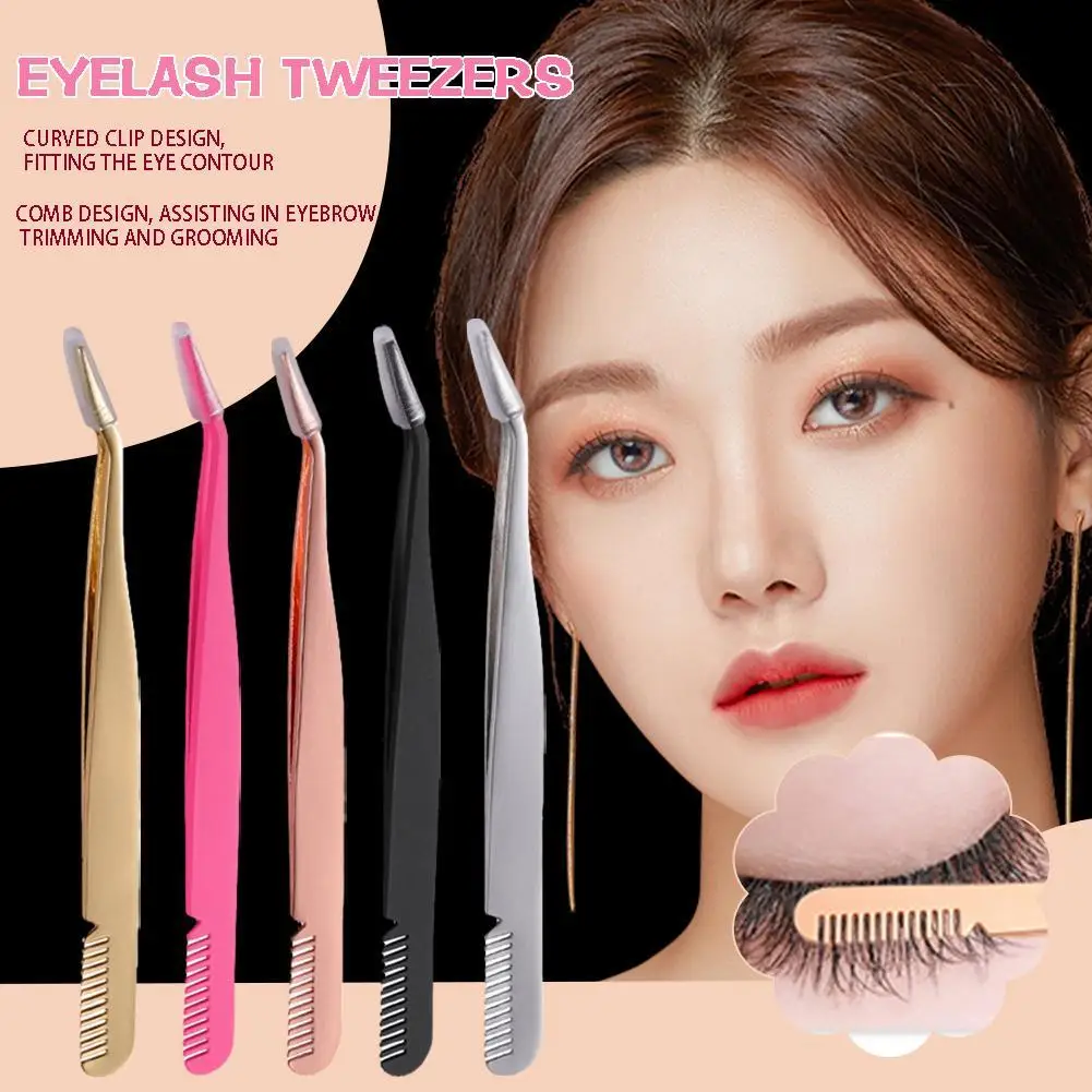 New Eyelash Comb Tweezers Stainless Steel Anti-Static Curved Lashes Professional Pincet Lashes Extension Tweezers Makeup Tools 6pcs anti static esd stainless steel tweezers maintenance tools industrial precision curved straight tweezers repair tools set a