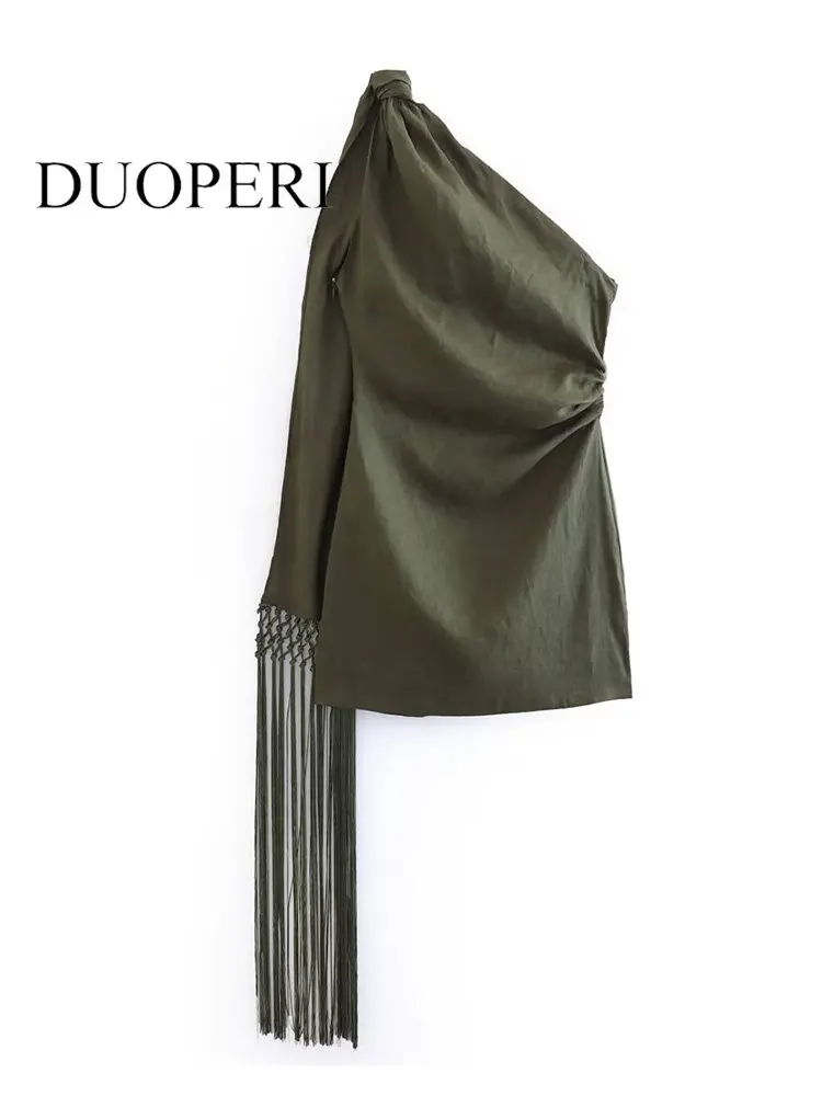 

DUOPERI Women Fashion With Tassel Dark Green Side Zipper Mini Dress Vintage One Shoulder Asymmetrical Neck Female Chic Dresses