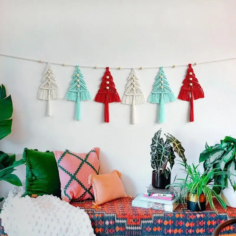 

Macrame Christmas Tree Kit Wall Hanging Tapestry Tassel Multifunctional 6 PCS Bohemian Christmas Tree Ornament Craft For home