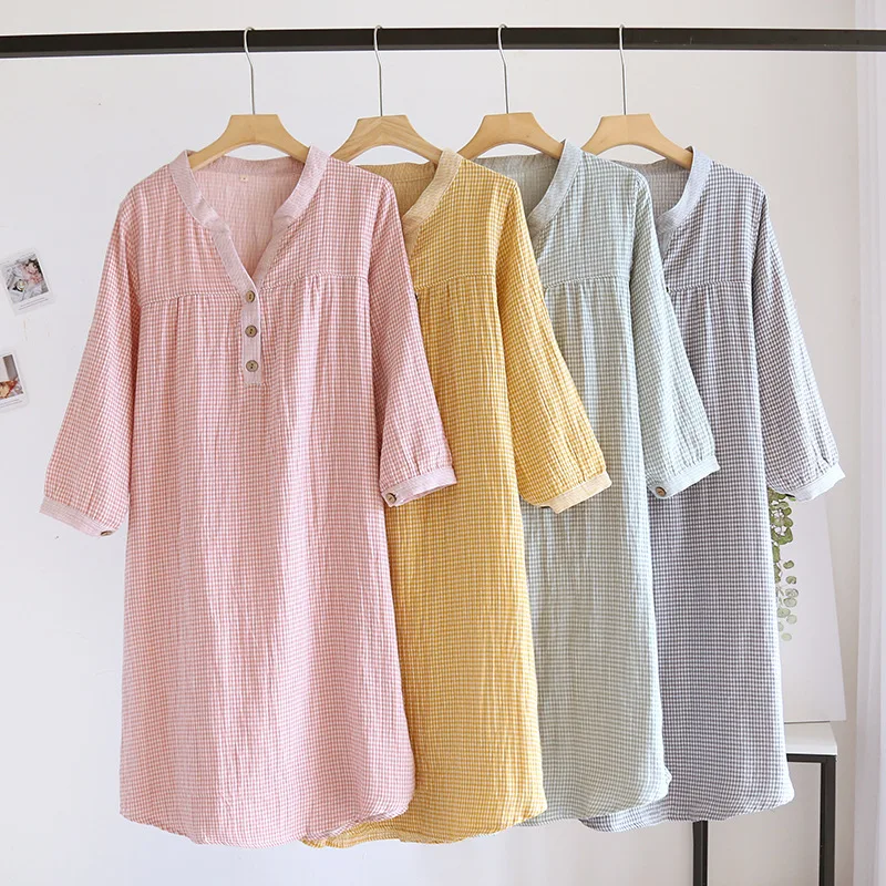 

2022 new style 100% cotton skirt cardigan nightdress ladies spring and autumn long-sleeved loose mid-length nightdress plus size