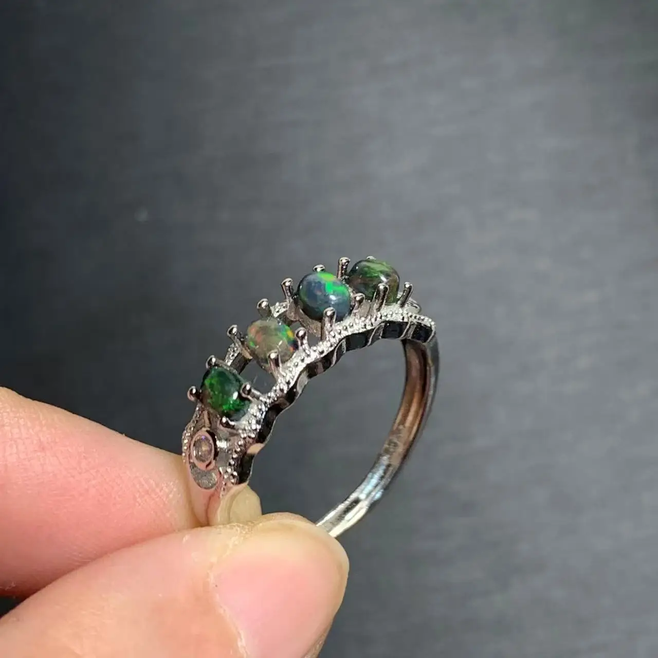 Authentic Natural Black Opal Ring Adjustable Female Stone Ring Jewelry for Women Gift Wholesale High Quality Vintage Fine weddin