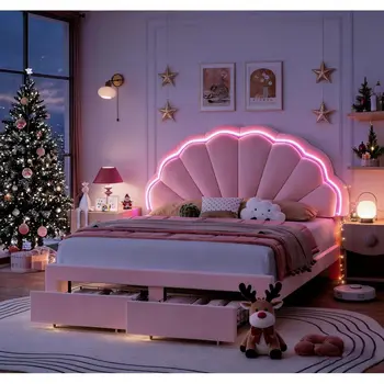 Full-Size LED Bed Frame with Storage, Adjustable Headboard, for Girls, Pink, No Box Spring 1