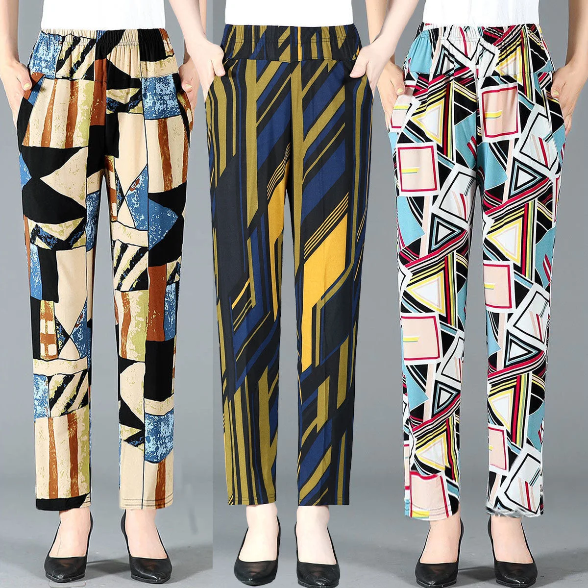 Summer New Middle-aged And Elderly Women's Floral Printed Casual Straight Trousers High Waisted Elastic Mother's Pants