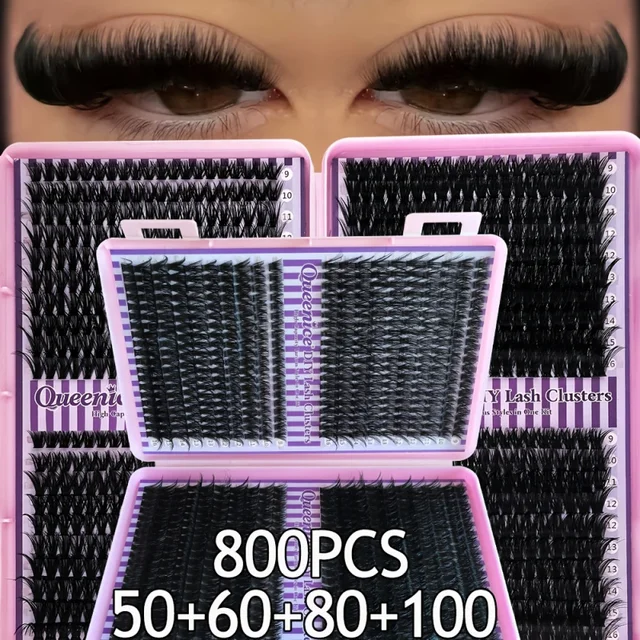 800 bouquets de faux cils, longueurs mixtes 9-16mm, courbure D, bouquets de cils volumineux et denses, extensions de cils réutilisables, aspect naturel 1