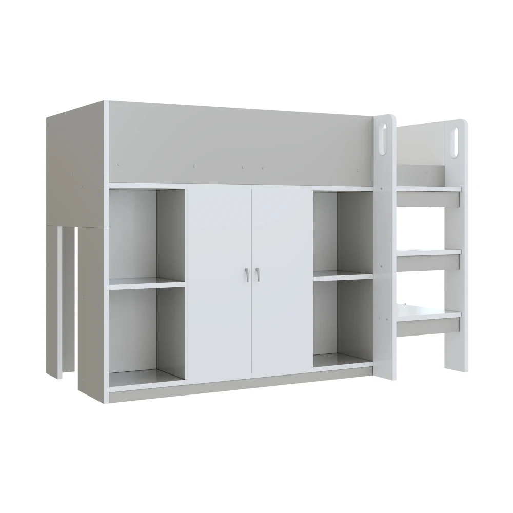 90*200cm Multifunktionales Hochbett mit Stauraum, Kleiderschrank und Regalen, Kinderbett mit Leiter und stabiler Konstruktion – Detail 30
