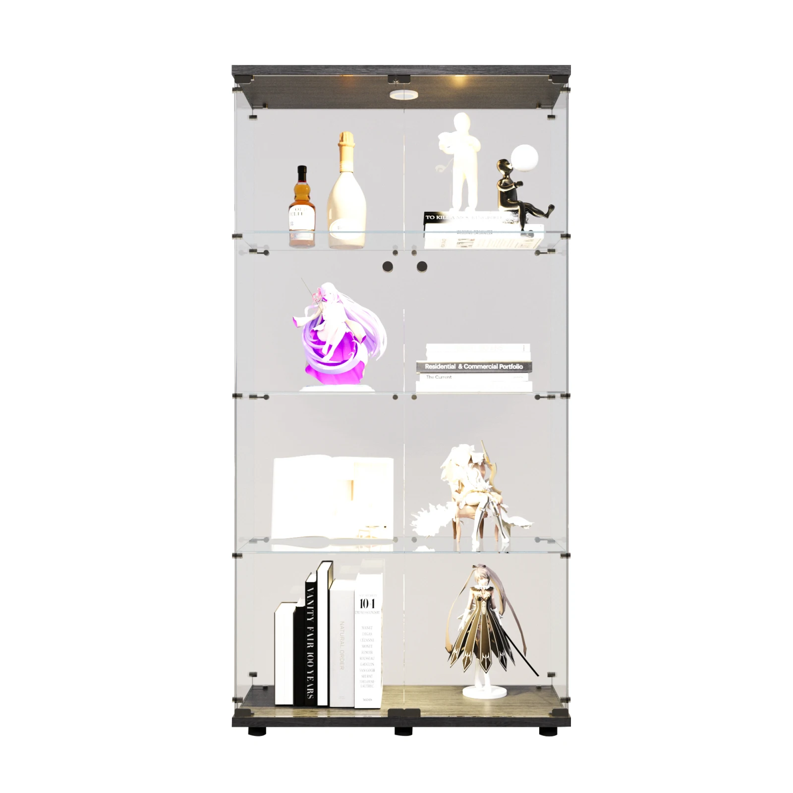 Two-door LED lights Glass Display Cabinet 4 Shelves with Door, Floor Standing Curio Bookshelf for Living Room Bedroom Office,