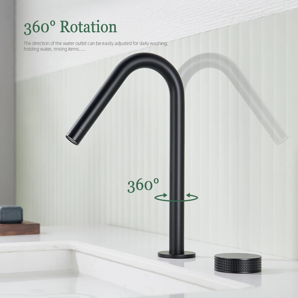 Matte Black Basin faucet Knurled knob Sink Tap 360 Rotating Spout two holes Desk Mounted Basin Tap Bathroom Widerspread faucet basin faucet,bathroom faucet