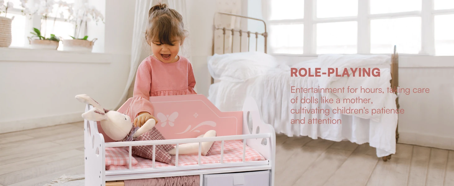 Robotime Wooden Baby Doll Crib with Storage