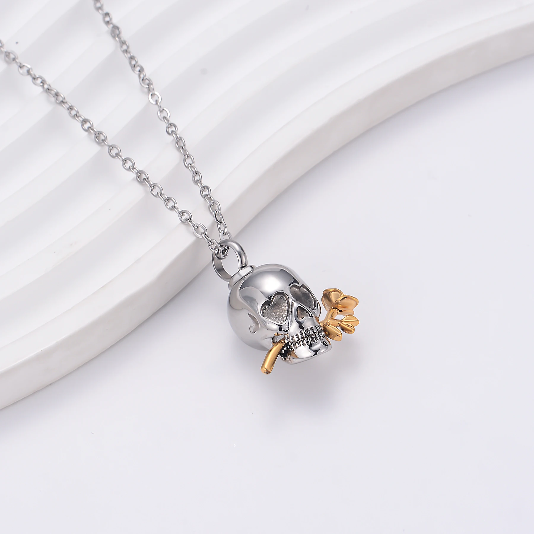 Punk Stainless Steel Skull with Rose Urn Necklace Memorial Pet Human Ashes Cremation Jewelry Charms Keepsake 5