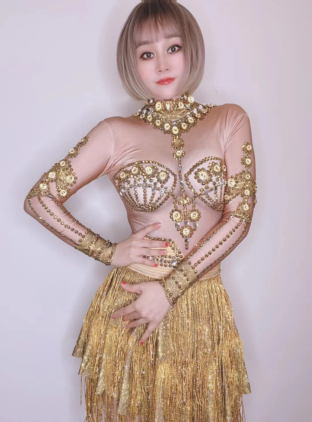 

Jazz Dance Costume Golden Tassel RhinestoneBodysuit DJ Stage Wear Sexy Singer Outfits FolWomen Nightclub Performance B042