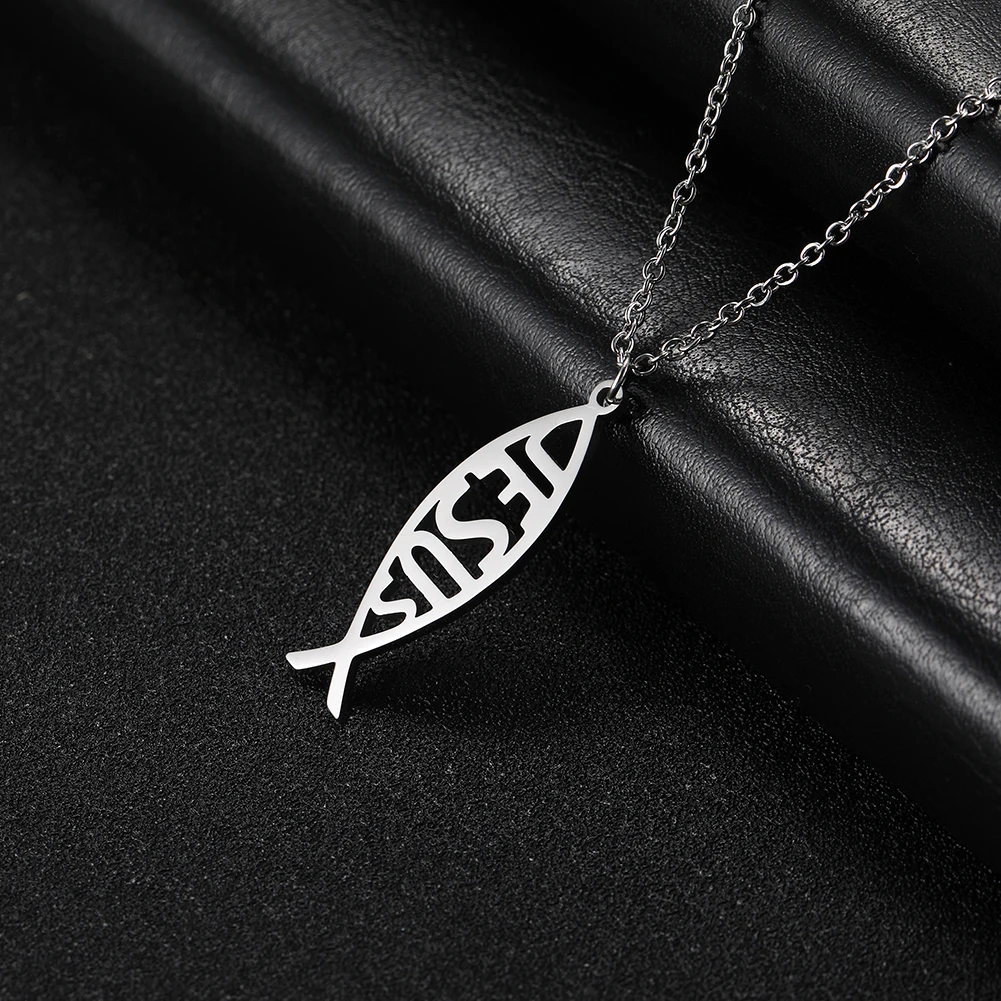 Dawapara Ichthys Jesus Fisch Kreuz Halskette Fülle und Glauben Schutz Amulett Edelstahl christlichen Gebets schmuck – Detail 14