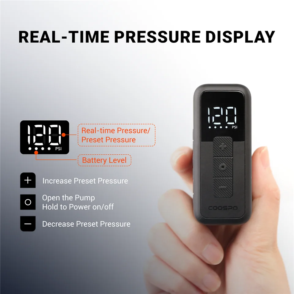 COOSPO X1 Mini Electric Bike Pump – Portable 120PSI Tire Inflator With Auto Stop & Digital Gauge