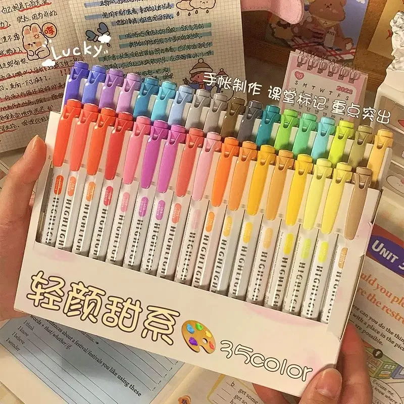 35 Colors Highlighter Pen Set Dual Tip Marker Pens Fluorescent Coloring Journaling Pastel Papeleria Kawaii Stationery Marcadores