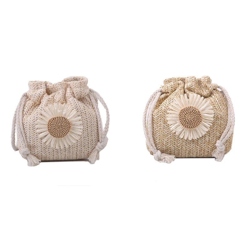 63HC Summer Shoulder Bag Flower Straw Bag Drawstring Crossbody Handbag for Camping