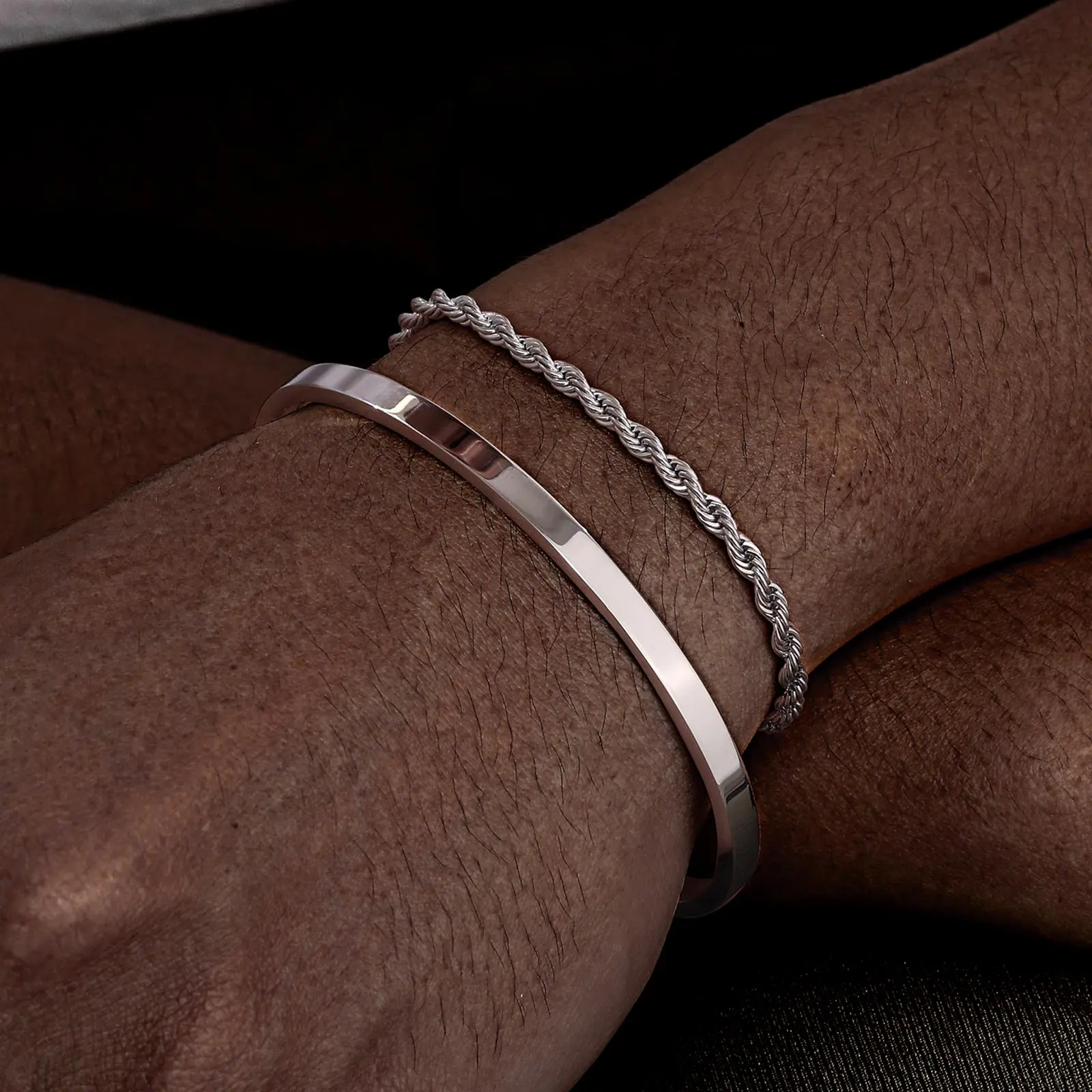 2 Stück Herren-Kettenarmbänder, Edelstahl-Manschettenarmband, lässiges Schmuckset für Ehemann und Papa