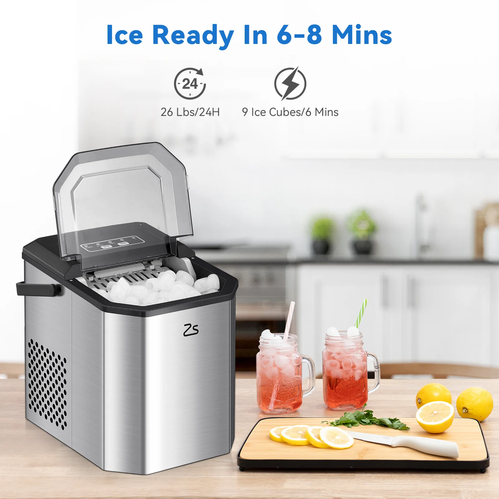 Countertop Ice Maker, 26 lbs in 24 Hrs, 9 Cubes Ready in 6 Mins with Ice Scoop and Basket, Portable Ice Cube Maker Self-Cleaning 1