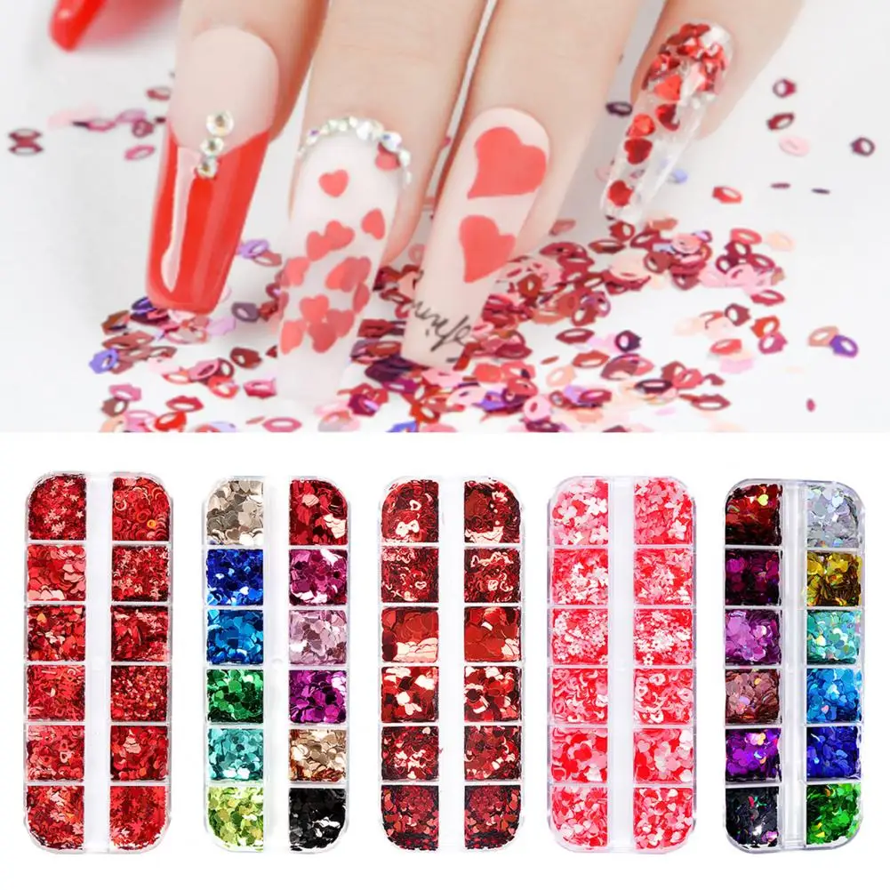 

1 Box Stylish PET 12 Grids Love Heart Flower Manicure Glitters Decorations for Nail Salon Nail Decors Nail Decorations