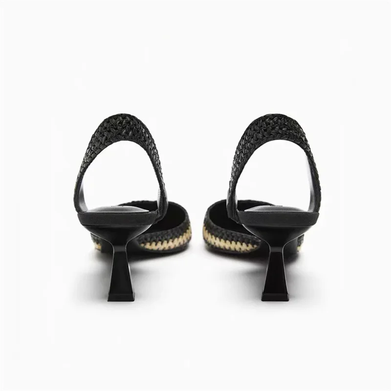 TRAF Women New Weave Stripe Heeled Sandals 2024 Summer Mid Heeled Slingbacks Patchwork Pointed Stilettos Shoes For Woman Party 4