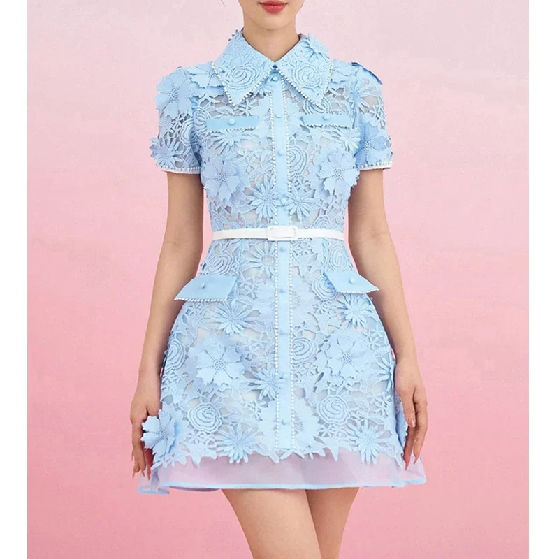 

Blue Chic Lace Dress Women Vintage Summer Hook Flower Hollow Party Vestido High Waisted Streetwear Elegant Bodycon Dresses