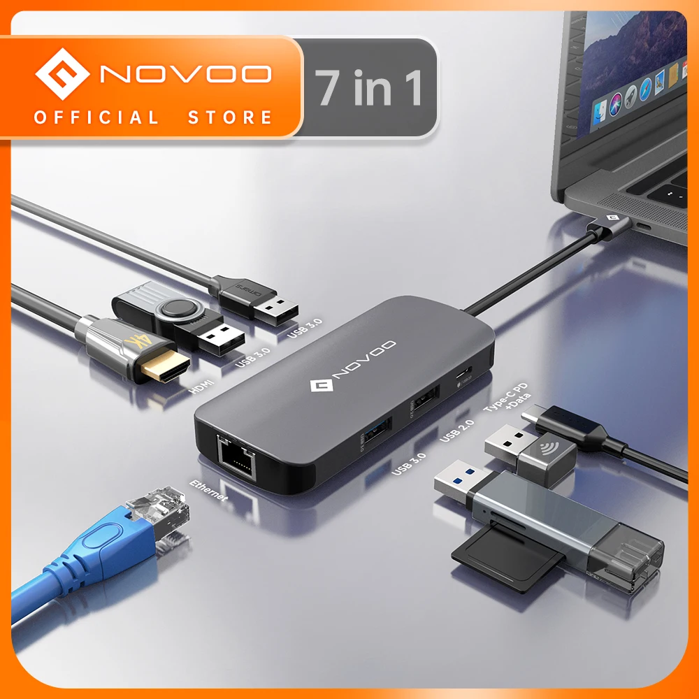 

NOVOO 7 Ports USB C HUB Type C to HDMI-compatible HUB with 4 USB 3.0 2.0 Ports PD 100W RJ45 Adapter For MacBook Nintendo Switch