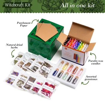 Altar Kit Witchcraft Supplies Kit For Spells 60 Sage Candles For Cleansing House 10 Magic Herbs 10 Crystal Stone 10 Kraft Paper 4