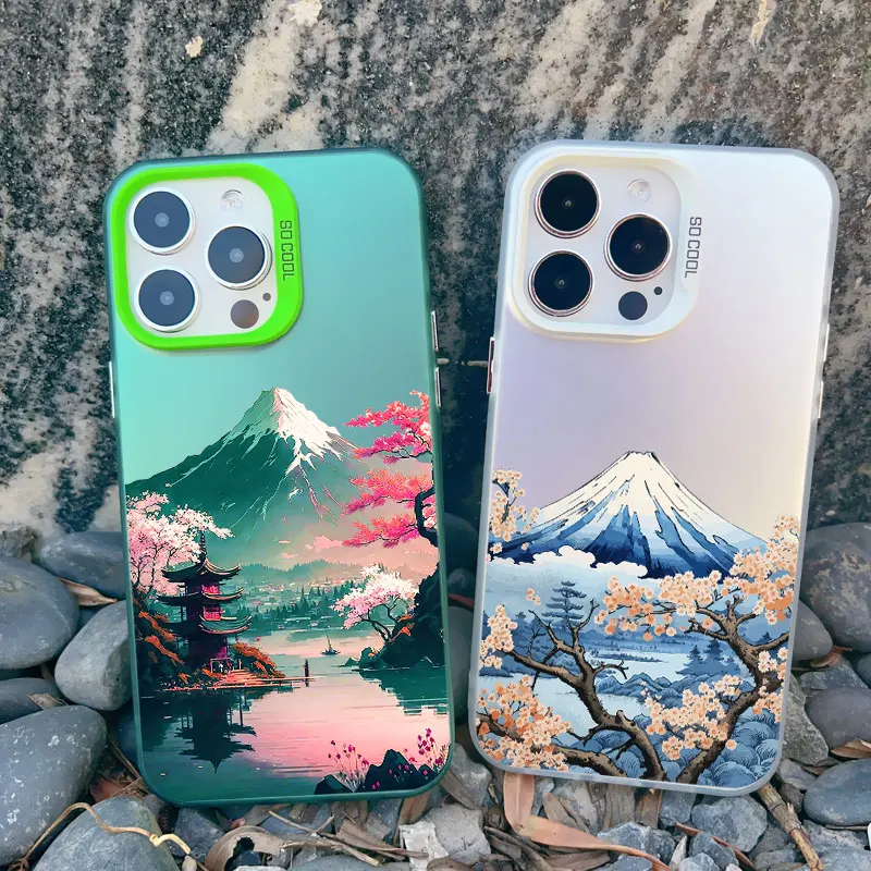 Japanese Aesthetic Mount Fuji Landscape Shockproof Phone Case with Laser Design