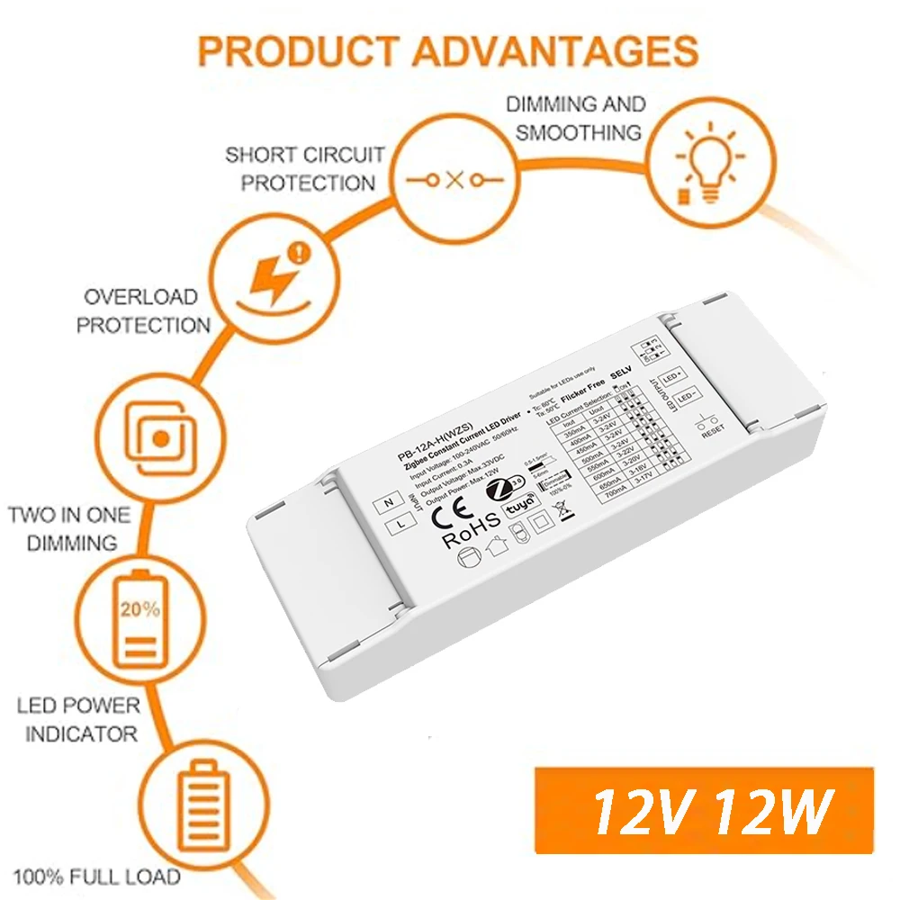 Zigbee 3.0 디밍 가능 LED 드라이버 12Watts 12V 디밍 LED 전원 공급 장치 음성 APP 스마트 제어 통 스포트라이트에 적합