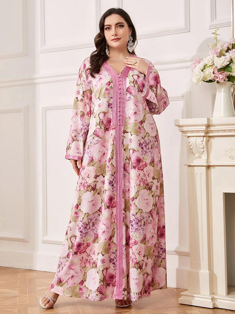 

Eid Mubarak Abaya Marocain Floral Print Maxi Dress Women Muslim Kaftan Islamic Gulf Jalabiya Longue Vestidos Largo Ramadan Robe