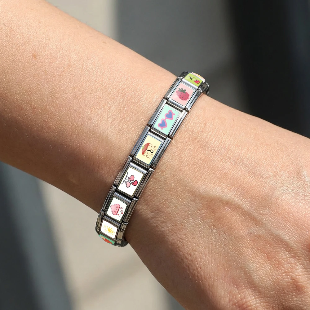 Niedlicher italienischer Charm-Anhänger mit Liebesherz, Wolke, Früchten und Erdbeere, passend für 9-mm-Edelstahlarmbänder für Damen, DIY-Modeschmuck – Detail 3