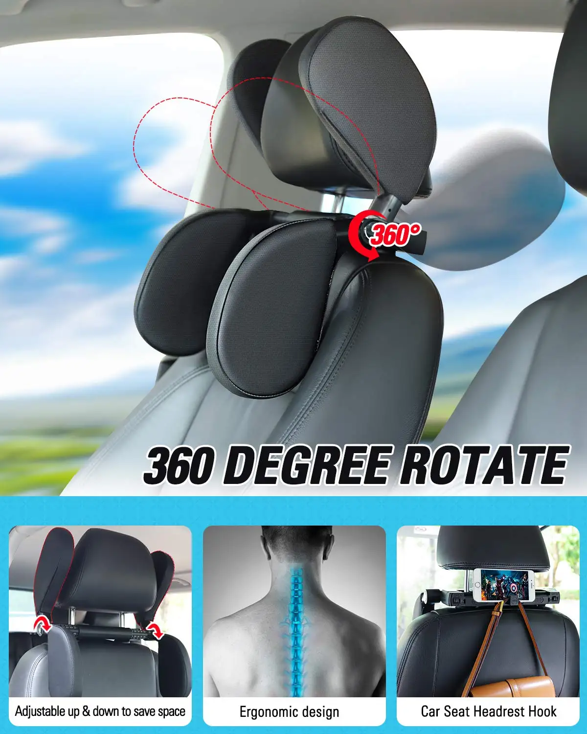 Oreiller appui-tête de voiture, Support d'oreiller pour casque de siège de  voiture avec fente pour carte, crochet de suspension arrière de siège de