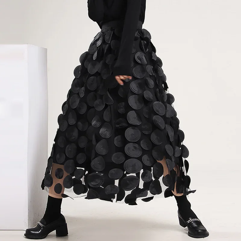 S-3XL Retro Goth 3D Design Polka Dot Tulle Mesh Skirts
